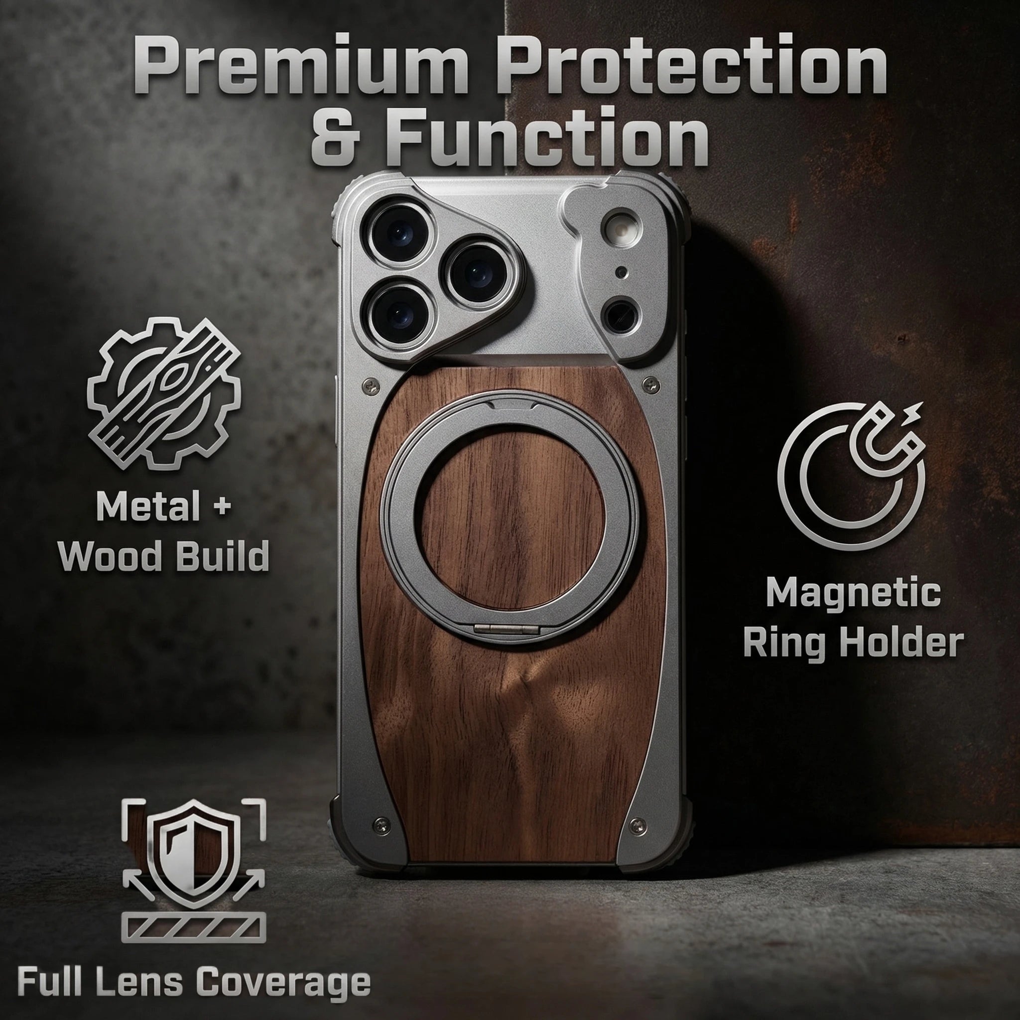 Luxury Metal Frame Walnut Wood Frameless Phone Case for Iphone 17 16 15 14 Pro Max Magsafe Magnetic 360 Rotating Bracket Cover