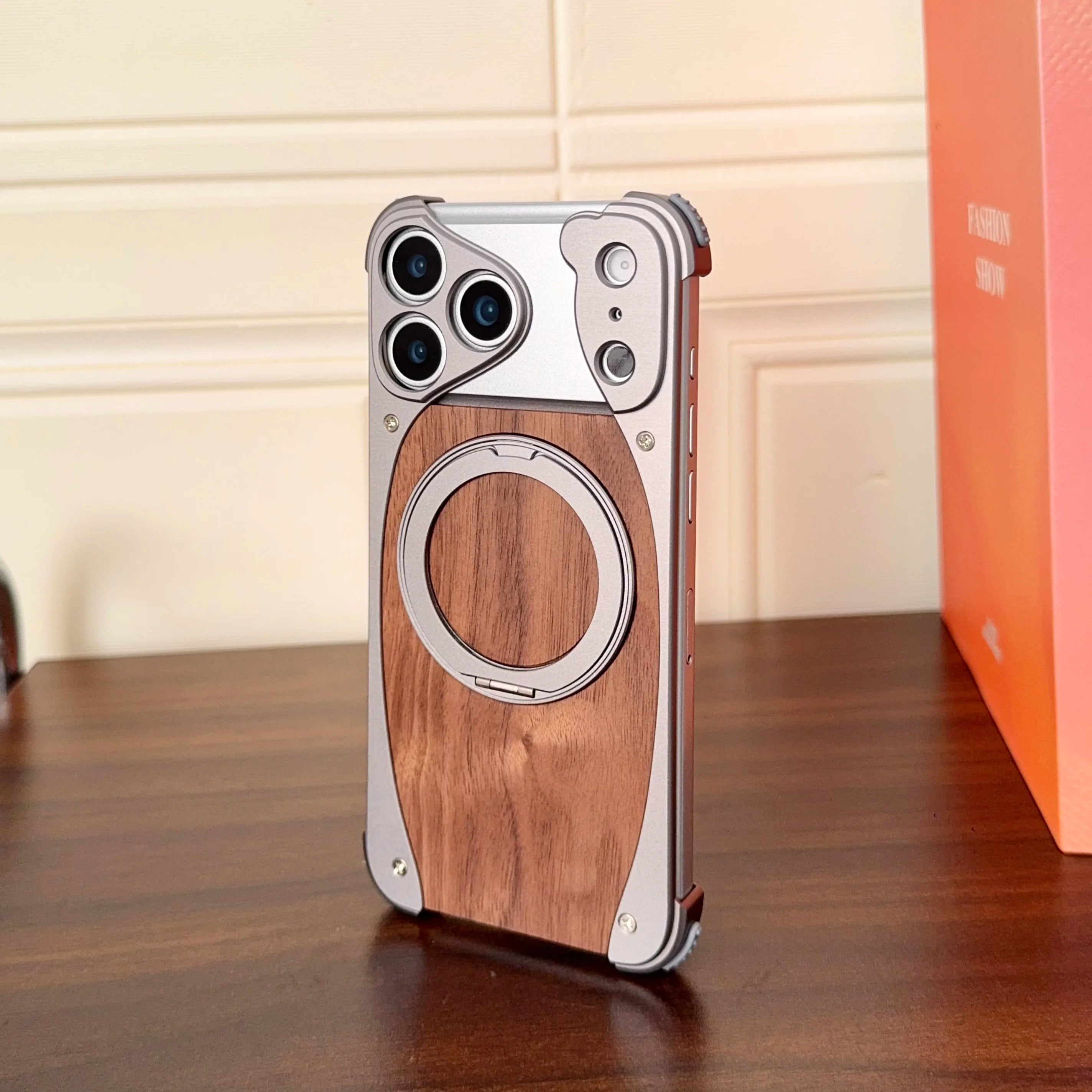 Luxury Metal Frame Walnut Wood Frameless Phone Case for Iphone 17 16 15 14 Pro Max Magsafe Magnetic 360 Rotating Bracket Cover
