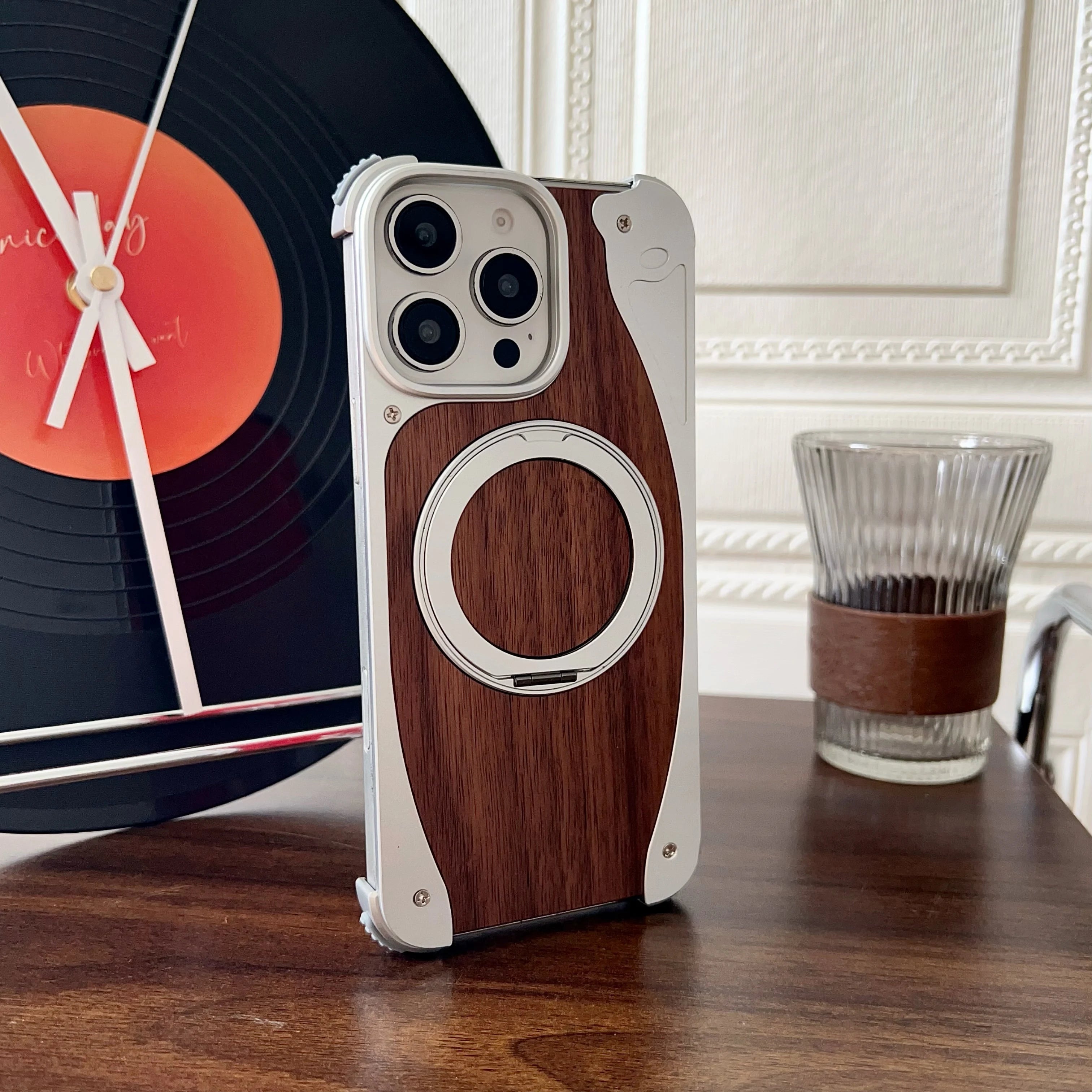 Luxury Metal Frame Walnut Wood Frameless Phone Case for Iphone 17 16 15 14 Pro Max Magsafe Magnetic 360 Rotating Bracket Cover
