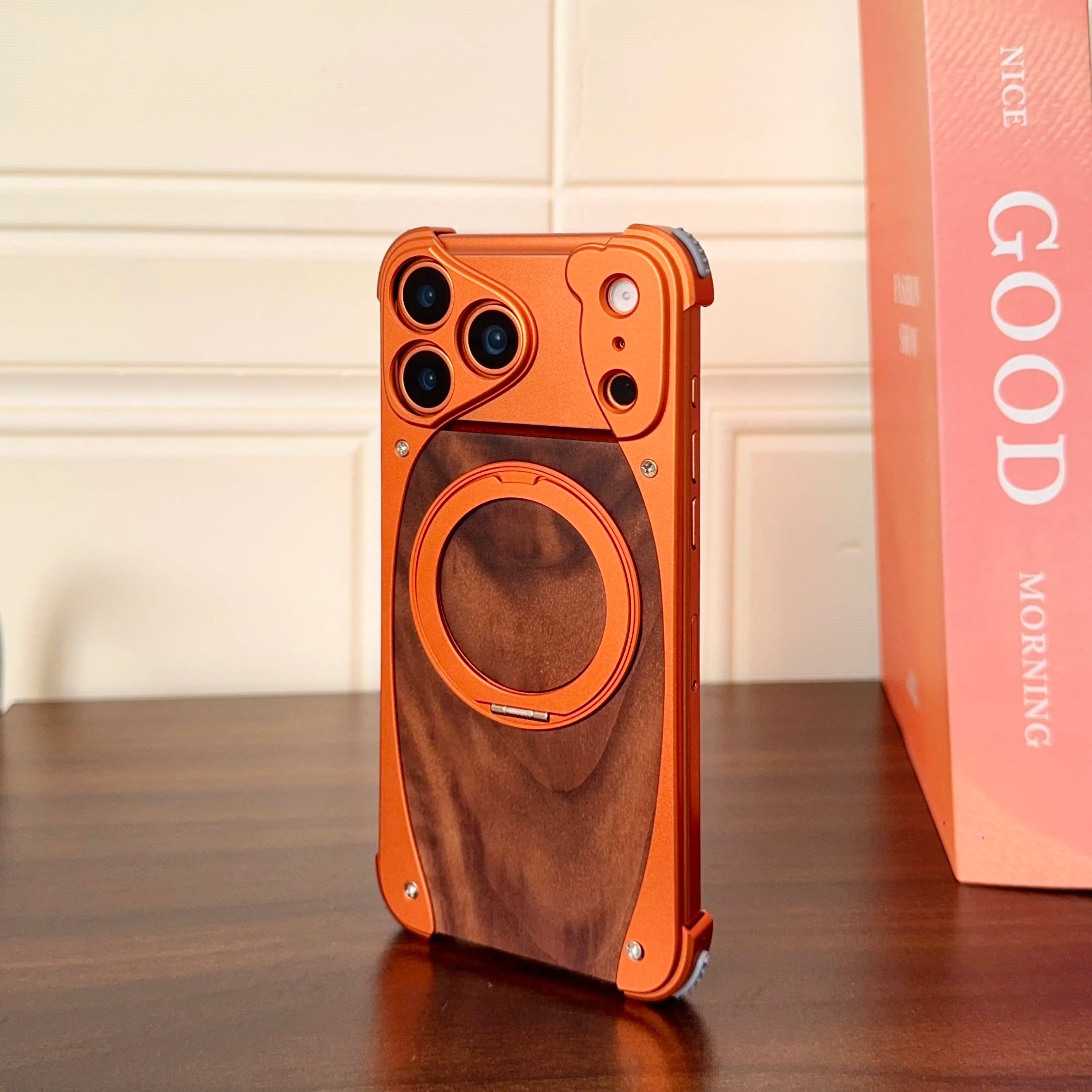Luxury Metal Frame Walnut Wood Frameless Phone Case for Iphone 17 16 15 14 Pro Max Magsafe Magnetic 360 Rotating Bracket Cover