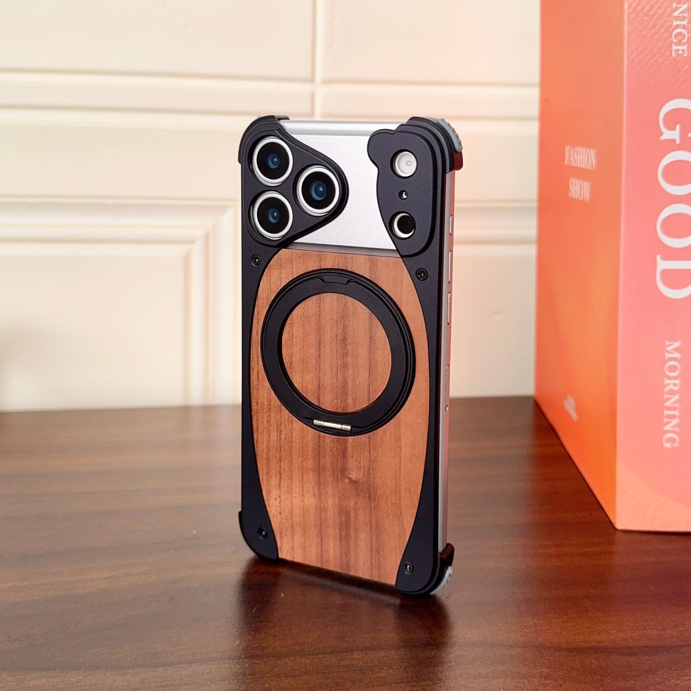 Luxury Metal Frame Walnut Wood Frameless Phone Case for Iphone 17 16 15 14 Pro Max Magsafe Magnetic 360 Rotating Bracket Cover