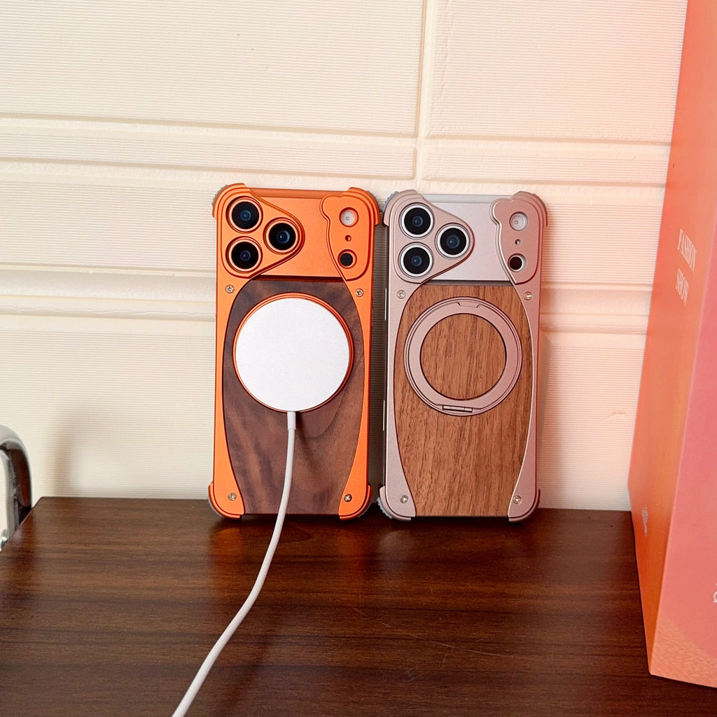 Luxury Metal Frame Walnut Wood Frameless Phone Case for Iphone 17 16 15 14 Pro Max Magsafe Magnetic 360 Rotating Bracket Cover