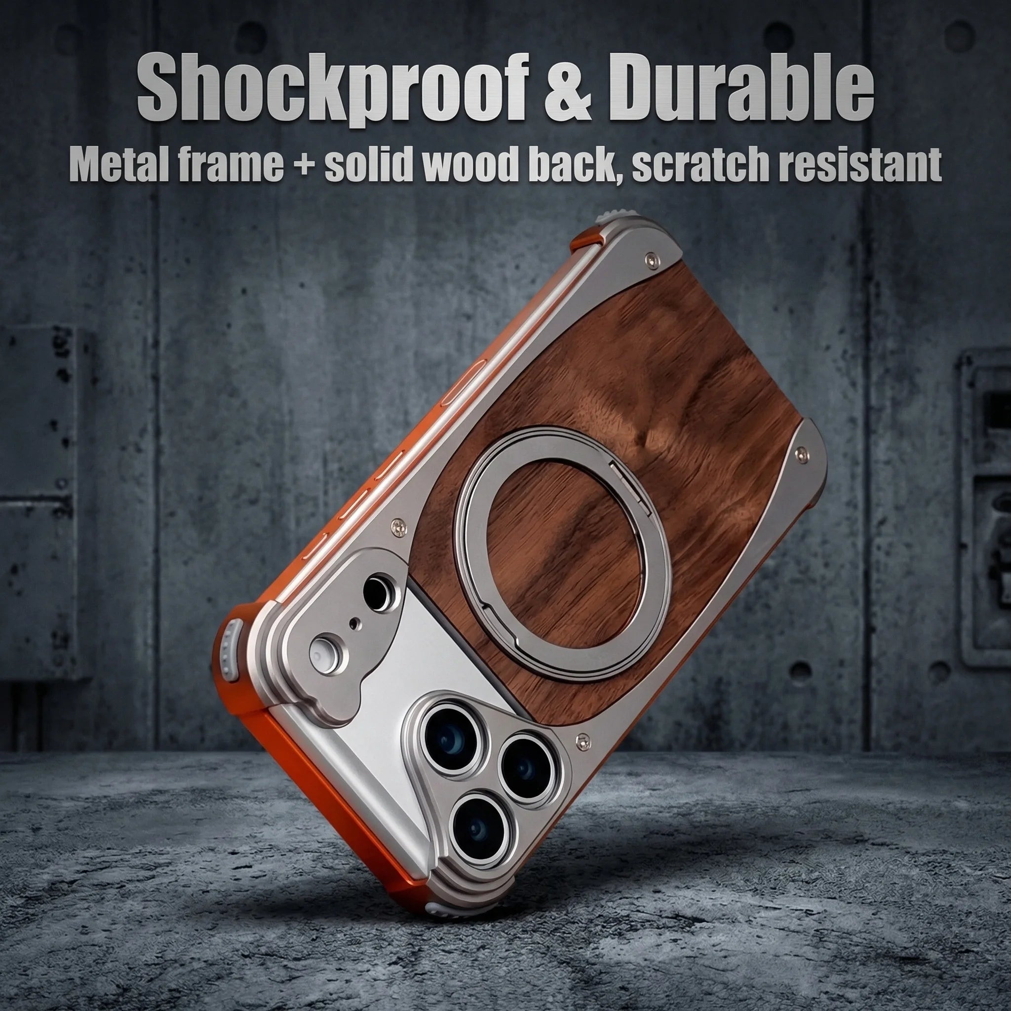 Luxury Metal Frame Walnut Wood Frameless Phone Case for Iphone 17 16 15 14 Pro Max Magsafe Magnetic 360 Rotating Bracket Cover